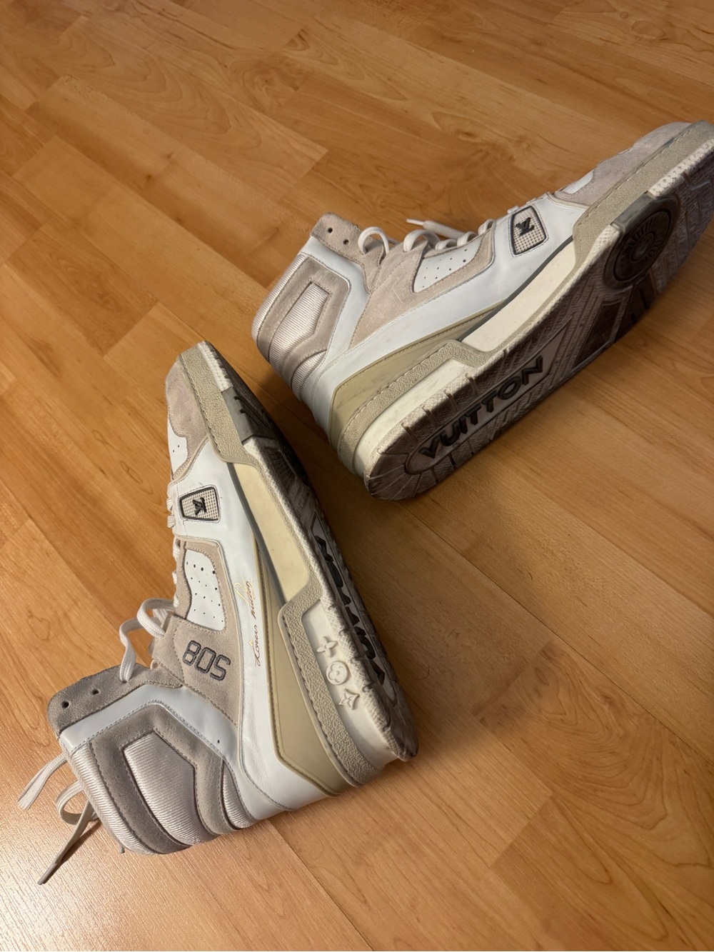 Louis Vuitton High-Top Sneakers in White and Taupe